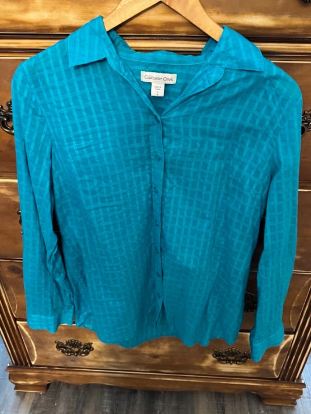 Coldwater Creek Teal Button Down Blouse Textured Lightweight‎ Size Small